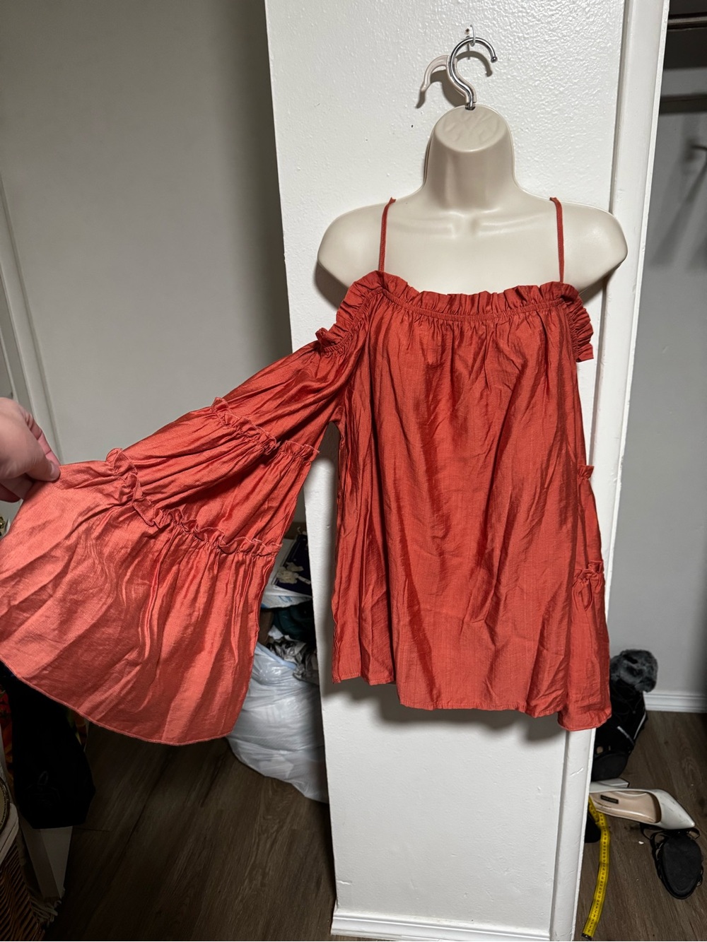 Off-Shoulder Ruffle Sleeve Women's Top - Rust - Picture 2 of 6